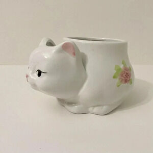 Vtg White Ceramic Kitty Cat Pink Flowers  Tea Bag Holder Cup Mug Small Chip